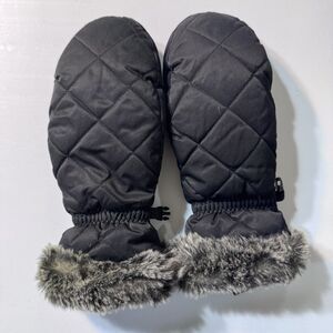 Vintage Eddie Bauer Black Down Filled quilted Faux fur trimmed mittens Size S/P